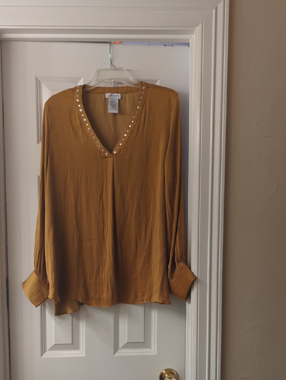 Mustard Long-Sleeve V-Neck Top with Stud Trim